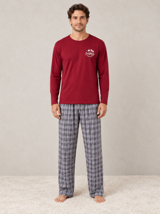 Pijama barbati cu bluza bordo si pantaloni gri in carouri - pijama lunga confortabila pentru casa si somn [4]