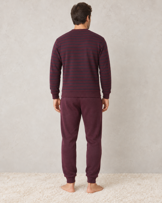 Pijama Barbati Vatuita Groasa de Iarna, Calduroasa, Bluza cu Dungi si Pantaloni Grena [2]