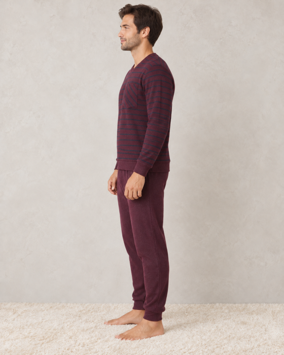 Pijama Barbati Vatuita Groasa de Iarna, Calduroasa, Bluza cu Dungi si Pantaloni Grena [4]