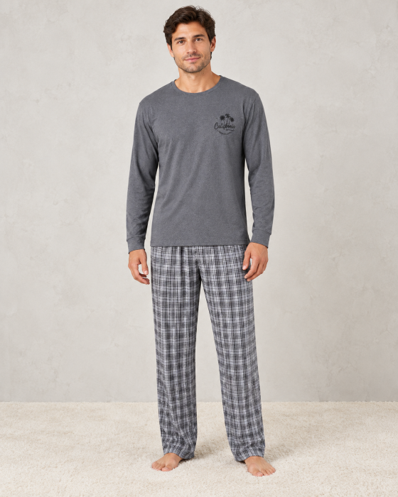 Pijama barbati gri cu bluza maneca lunga si pantaloni in carouri, model California [2]