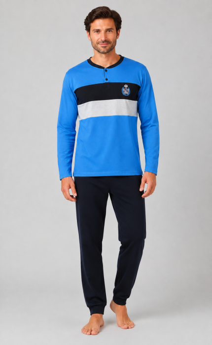Pijama Barbati din Bumbac cu Maneca Lunga si Pantaloni Lungi, Albastru cu Negru [4]
