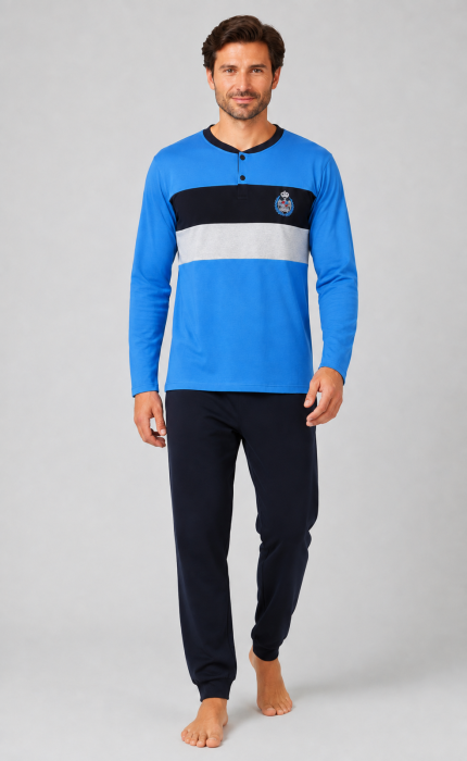 Pijama Barbati din Bumbac cu Maneca Lunga si Pantaloni Lungi, Albastru cu Negru [5]