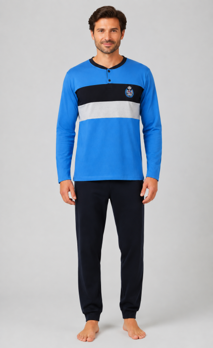 Pijama Barbati din Bumbac cu Maneca Lunga si Pantaloni Lungi, Albastru cu Negru [3]