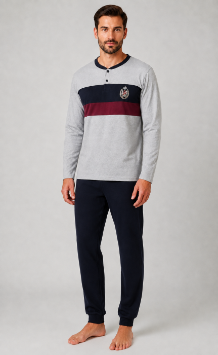 Pijama Barbati din Bumbac, Bluza Gri cu Detalii Bleumarin si Bordo, Pantaloni Lungi Bleumarin [4]