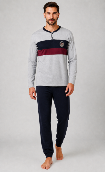 Pijama Barbati din Bumbac, Bluza Gri cu Detalii Bleumarin si Bordo, Pantaloni Lungi Bleumarin [5]