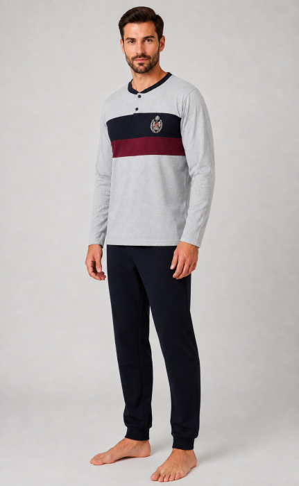 Pijama Barbati din Bumbac, Bluza Gri cu Detalii Bleumarin si Bordo, Pantaloni Lungi Bleumarin [2]