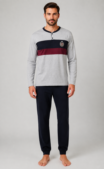 Pijama Barbati din Bumbac, Bluza Gri cu Detalii Bleumarin si Bordo, Pantaloni Lungi Bleumarin [3]