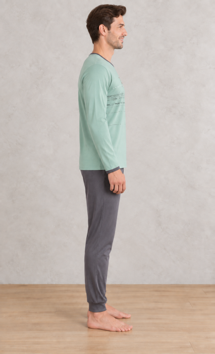 Pijama barbati din bumbac, bluza cu maneca lunga si pantaloni lungi, verde 2005 [6]