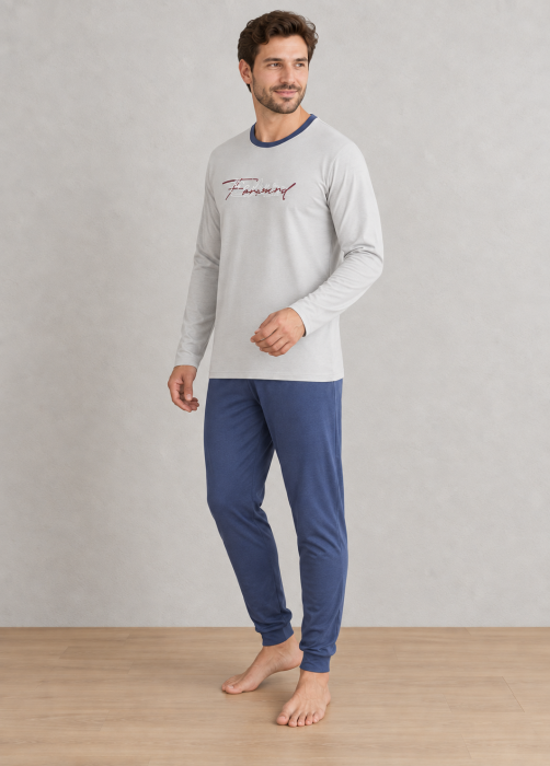 Pijama barbati din bumbac, bluza cu maneca lunga si pantaloni lungi, gri 2007 [4]