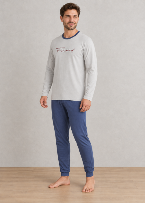 Pijama barbati din bumbac, bluza cu maneca lunga si pantaloni lungi, gri 2007 [3]