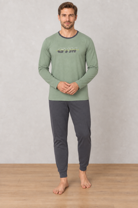 Pijama barbati din bumbac, bluza cu maneca lunga si pantaloni lungi, verde1583 [2]