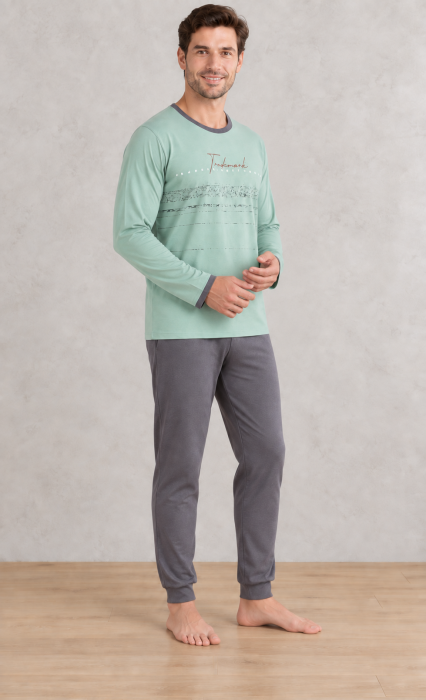 Pijama barbati din bumbac, bluza cu maneca lunga si pantaloni lungi, verde 2005 [3]