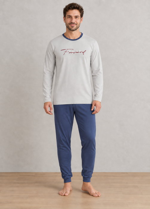 Pijama barbati din bumbac, bluza cu maneca lunga si pantaloni lungi, gri 2007 [2]