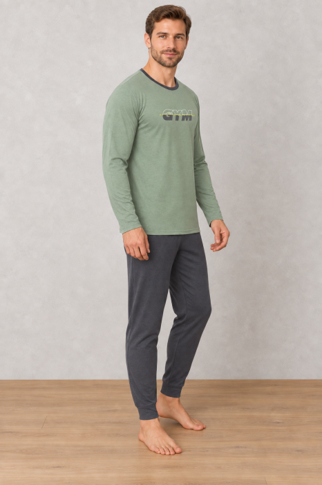 Pijama barbati din bumbac, bluza cu maneca lunga si pantaloni lungi, verde1583 [4]