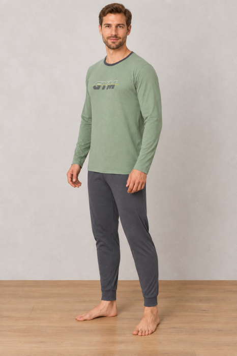 Pijama barbati din bumbac, bluza cu maneca lunga si pantaloni lungi, verde1583 [3]