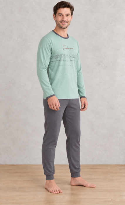 Pijama barbati din bumbac, bluza cu maneca lunga si pantaloni lungi, verde 2005 [4]