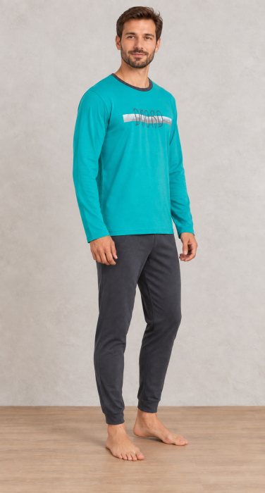 Pijama barbati din bumbac, bluza cu maneca lunga si pantaloni lungi,verde 2001 [3]
