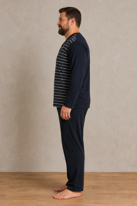 Pijama Barbati Marimi Mari din Bumbac, Bluza cu Dungi si Pantaloni Lungi Bleumarin [5]