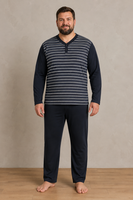 Pijama Barbati Marimi Mari din Bumbac, Bluza cu Dungi si Pantaloni Lungi Bleumarin [3]