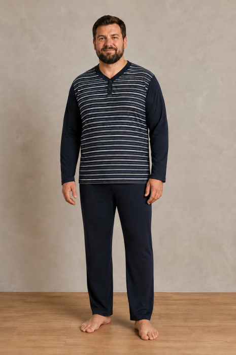 Pijama Barbati Marimi Mari din Bumbac, Bluza cu Dungi si Pantaloni Lungi Bleumarin [2]