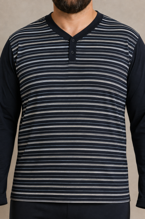 Pijama Barbati Marimi Mari din Bumbac, Bluza cu Dungi si Pantaloni Lungi Bleumarin [4]