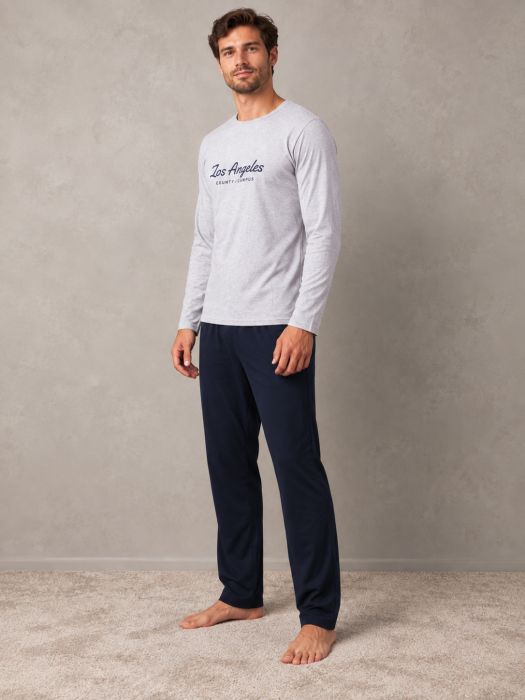 Pijama Barbati din Bumbac cu Bluza Gri Los Angeles si Pantaloni Bleumarin [4]