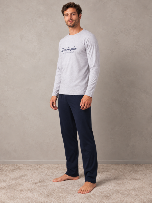 Pijama Barbati din Bumbac cu Bluza Gri Los Angeles si Pantaloni Bleumarin [3]