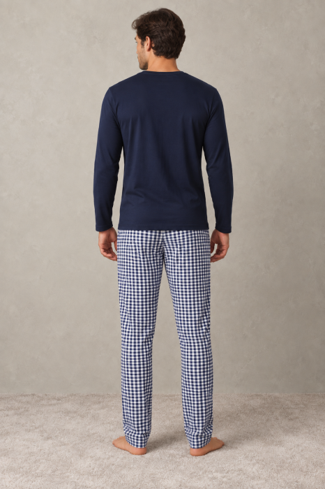 Pijama barbati din bumbac cu bluza bleumarin si pantaloni in carouri, maneca lunga [3]