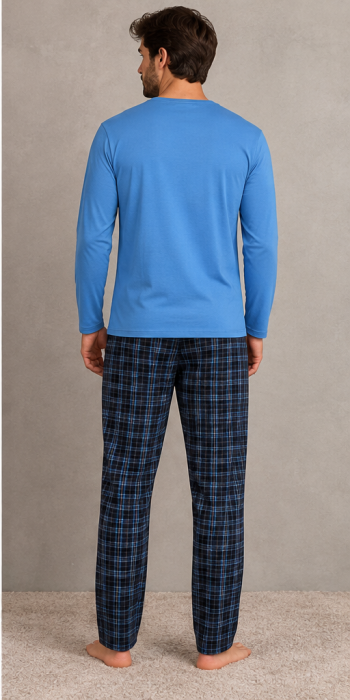Pantaloni Pijama Barbati din Bumbac, Carouri Bleumarin-Albastru, Confortabili pentru Casa [2]