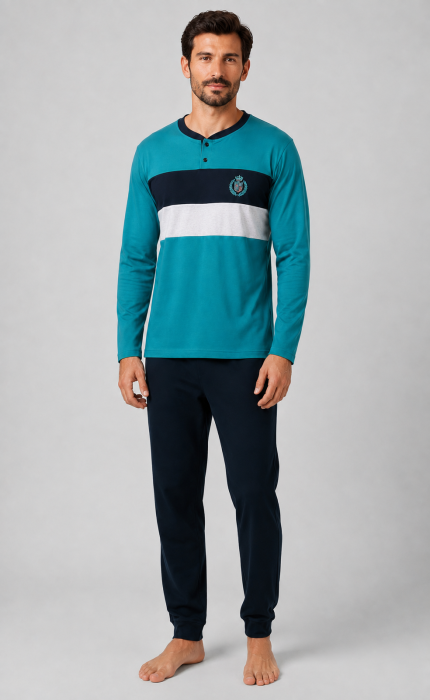 Pijama Barbati din Bumbac cu Maneca Lunga si Pantaloni Lungi, Turcoaz cu Negru [3]
