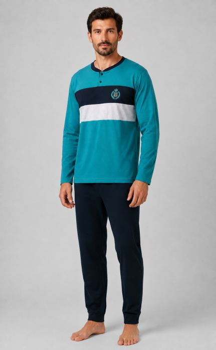 Pijama Barbati din Bumbac cu Maneca Lunga si Pantaloni Lungi, Turcoaz cu Negru [4]