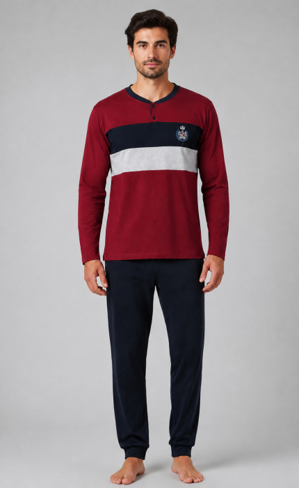 Pijama Barbati din Bumbac, Bluza Bordo cu Dungi si Pantaloni Bleumarin, Maneca Lunga [3]