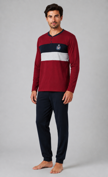 Pijama Barbati din Bumbac, Bluza Bordo cu Dungi si Pantaloni Bleumarin, Maneca Lunga [2]