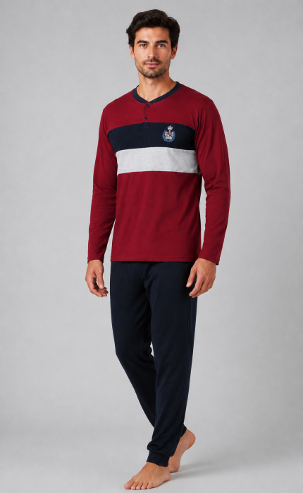 Pijama Barbati din Bumbac, Bluza Bordo cu Dungi si Pantaloni Bleumarin, Maneca Lunga [5]