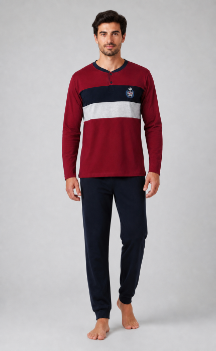 Pijama Barbati din Bumbac, Bluza Bordo cu Dungi si Pantaloni Bleumarin, Maneca Lunga [4]