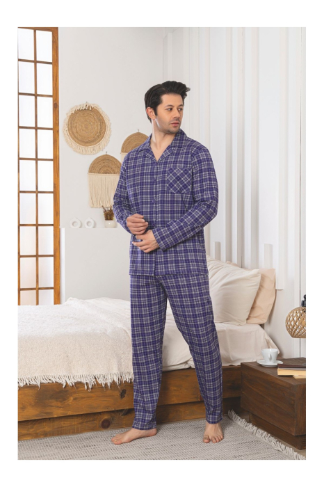 Pijama Barbati din Bumbac cu Nasturi, Maneca Lunga si Pantaloni Lungi, Model in Carouri 255 [2]