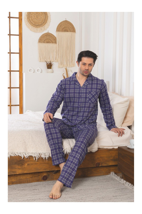 Pijama Barbati din Bumbac cu Nasturi, Maneca Lunga si Pantaloni Lungi, Model in Carouri 255 [3]