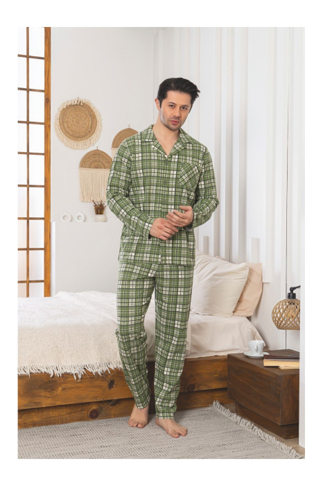 Pijama Barbati din Bumbac cu Nasturi, Maneca Lunga si Pantaloni Lungi, Model in Carouri 255 verde [3]