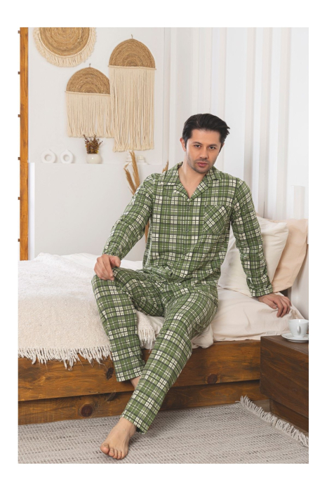 Pijama Barbati din Bumbac cu Nasturi, Maneca Lunga si Pantaloni Lungi, Model in Carouri 255 verde [2]