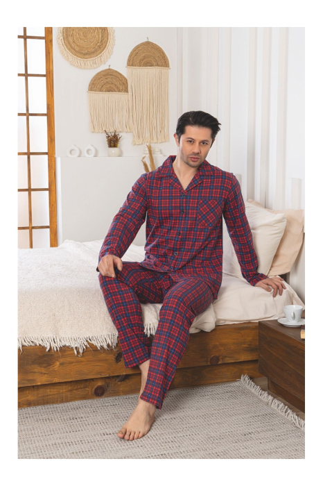 Pijama Barbati din Bumbac cu Nasturi, Maneca Lunga si Pantaloni Lungi, Model in Carouri 258 visiniu [2]