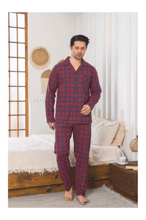 Pijama Barbati din Bumbac cu Nasturi, Maneca Lunga si Pantaloni Lungi, Model in Carouri 258 visiniu [3]