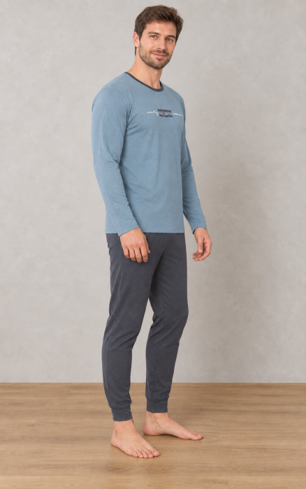 Pijama barbati din bumbac, bluza cu maneca lunga si pantaloni lungi, Albastru-Gri 1582 [4]