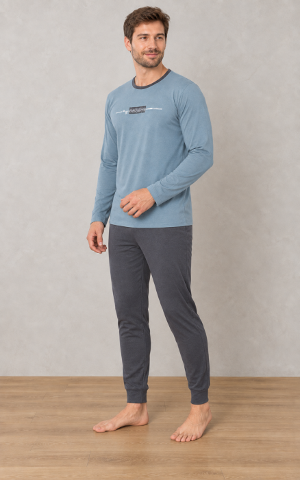 Pijama barbati din bumbac, bluza cu maneca lunga si pantaloni lungi, Albastru-Gri 1582 [3]