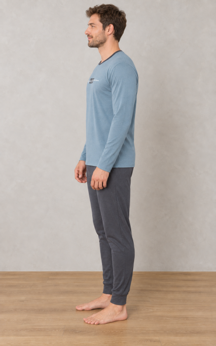 Pijama barbati din bumbac, bluza cu maneca lunga si pantaloni lungi, Albastru-Gri 1582 [6]