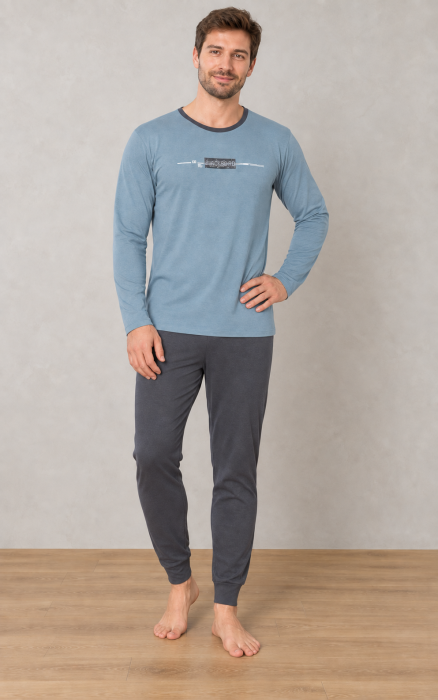 Pijama barbati din bumbac, bluza cu maneca lunga si pantaloni lungi, Albastru-Gri 1582 [2]