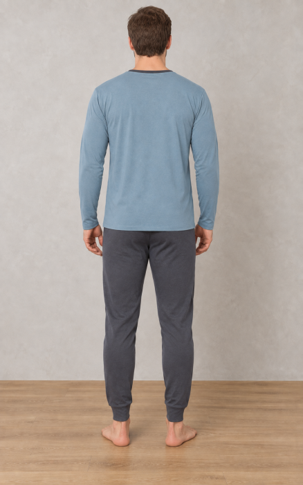 Pijama barbati din bumbac, bluza cu maneca lunga si pantaloni lungi, Albastru-Gri 1582 [7]