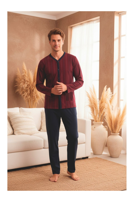Pijama Barbati din Bumbac, Bluza Bordo cu Nasturi si Pantaloni Bleumarin, Maneca Lunga 3010 [3]