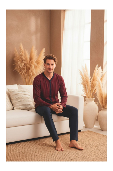 Pijama Barbati din Bumbac, Bluza Bordo cu Nasturi si Pantaloni Bleumarin, Maneca Lunga 3010 [2]