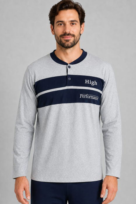 Pijama Barbati din Bumbac Gri cu Pantaloni Bleumarin, Maneca Lunga [4]