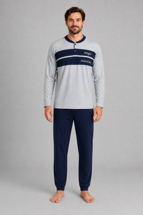 Pijama Barbati din Bumbac Gri cu Pantaloni Bleumarin, Maneca Lunga [3]